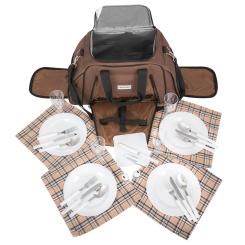 Riesige Picknicktasche mit Geschirr für 4 Personen in Retro-braun mit Kreisen