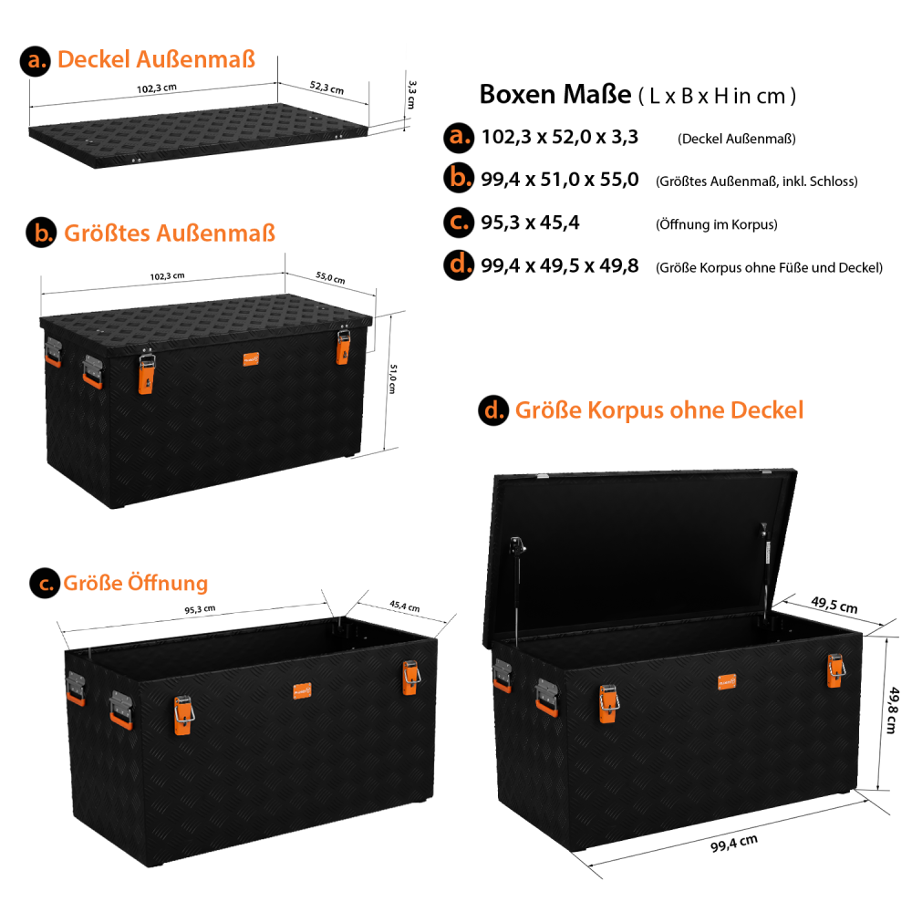 Riffelblechbox Alubox schwarz - black - 3mm Wandstärke, 250 Liter 102,2 cm x 52,5 cm x 52,0 cm - 11