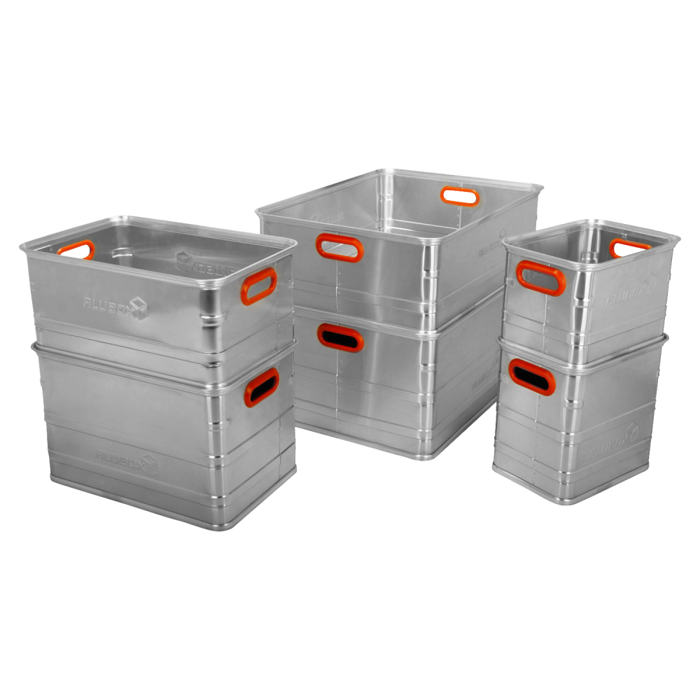 ALUBOX Aufbewahrungsbox Premium Lagerbox mit Druckguss Stapelecken olivgrün  (47 Liter), Fangbänder am Deckel