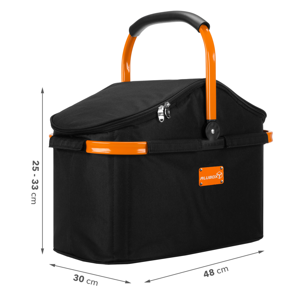 Alubox - Alukisten - Transportboxen  anndora Kühlkorb Einkaufskorb Alubox  Design schwarz orange mit Deckel - Picknickkorb - ohne Geschirr - Henkel  Klappbar Korb wasserfest von innen
