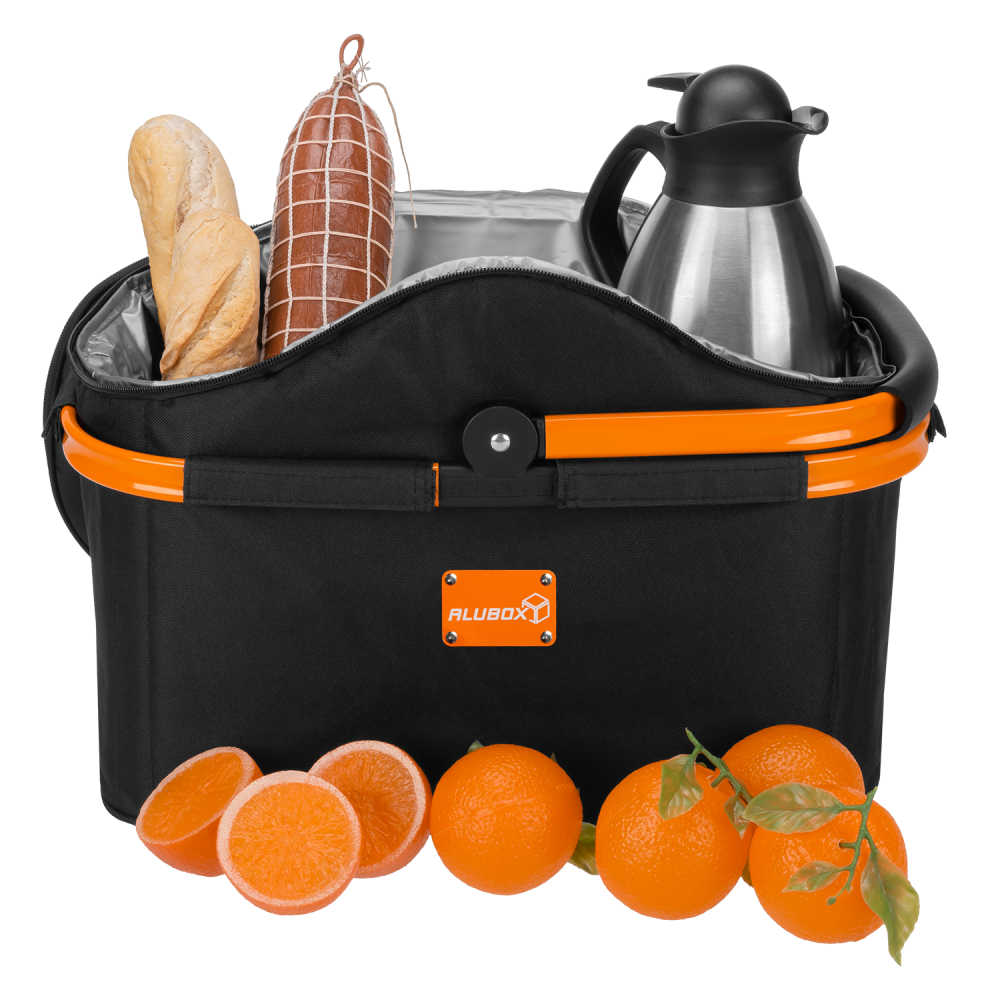 anndora Kühlkorb Einkaufskorb Alubox Design schwarz orange mit Deckel - Picknickkorb - ohne Geschirr - Henkel Klappbar Korb wasserfest von innen - 7