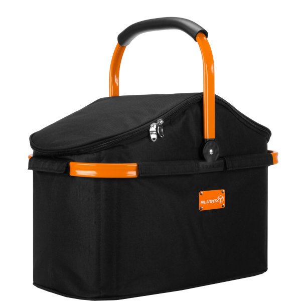 anndora Kühlkorb Einkaufskorb Alubox Design schwarz orange mit Deckel - Picknickkorb - ohne Geschirr - Henkel Klappbar Korb wasserfest von innen