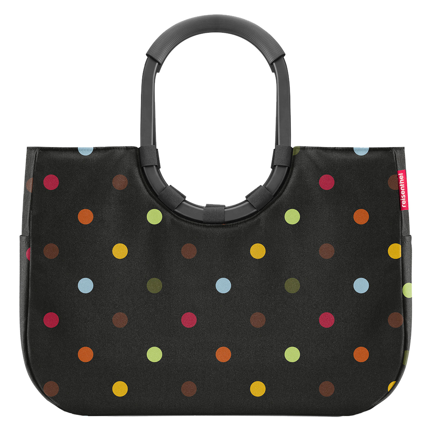 reisenthel Einkaufstasche loopshopper – schwarz mit bunten Punkten (schwarzer Rahmen – Größe L)
